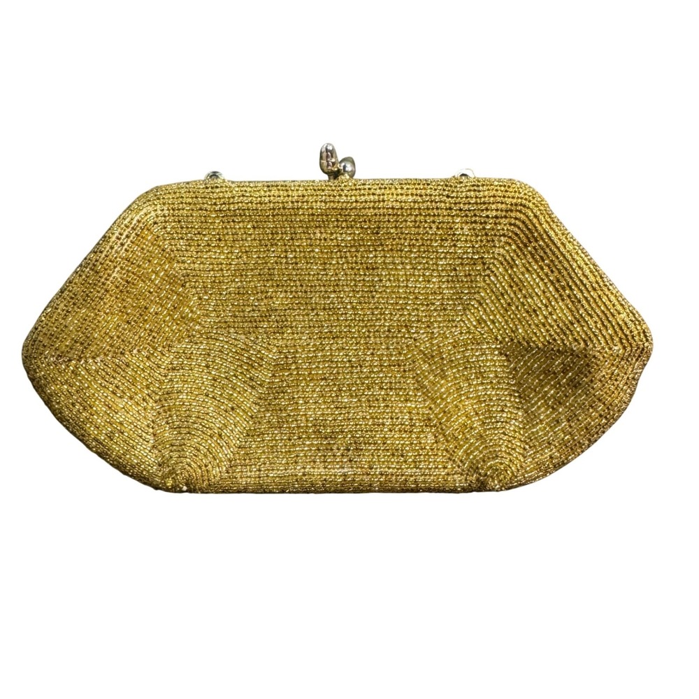 Vintage Gold Beaded Sunburst Clutch Evening‎ Bag Kiss Lock Hexagon Formal Purse